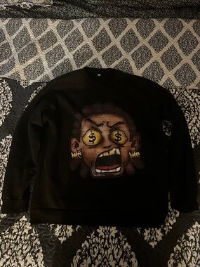 Black Graphic Crewneck Sweatshirt with Money-Eye Cartoon Print